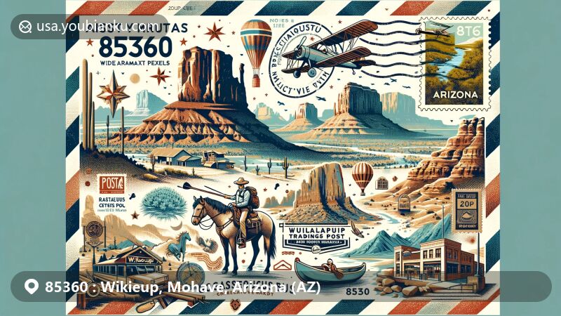 Modern illustration of Wikieup, Arizona in Mohave County, showcasing natural beauty with Hualapai and Aquarius Mountains, Castle Rock, and Giganticus Headicus. Includes outdoor activities like hiking, horseback riding, and kayaking, set in a postal theme.