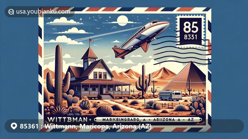 Modern illustration showcasing Wittmann, Maricopa County, Arizona with postal theme, Nadaburg School House, desert landscape, and references to Wickenburg Field.