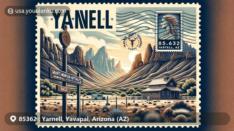Modern illustration of Yarnell, Arizona, showcasing postal theme with ZIP code 85362, featuring Granite Mountain Hotshots Memorial State Park, The Shrine of St. Joseph of the Mountains, and Yarnell's natural beauty.