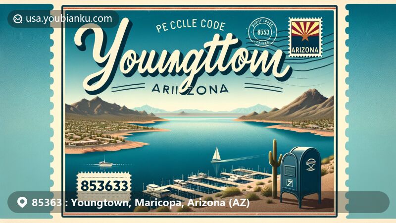 Modern illustration of Youngtown, Maricopa County, Arizona, highlighting natural beauty of Maricopa Lake in ZIP code 85363, featuring vintage postcard format with postal elements like Arizona state flag and mailbox.