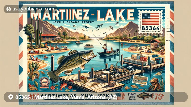 Modern illustration of Martinez Lake area in Yuma, Arizona, showcasing fishing and water sports opportunities on the Lower Colorado River, featuring bass and other fish species. Includes camping in Sonoran Desert, amenities at Fisher's Landing Resort like Rio Loco Bar & Grill, desert and lake scenery, and postal elements with ZIP code 85365, Ocean to Ocean Bridge, and Colorado River State Historic Park symbols.