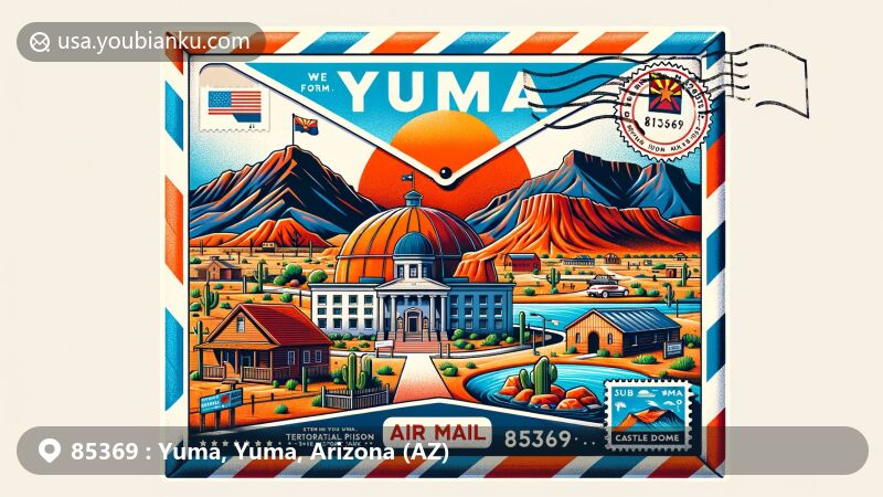 Modern illustration of Yuma, Arizona ZIP code 85369, featuring Yuma Territorial Prison, Colorado River State Historic Park, and Castle Dome Mines Museum & Ghost Town.