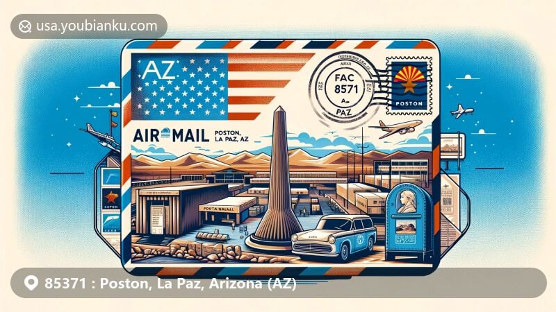 Modern illustration of Poston, La Paz County, Arizona, depicting ZIP code 85371, featuring airmail envelope with '85371' and 'AZ', Poston Memorial Monument, Arizona state flag, La Paz County map, postage stamp elements, postmark with 'Poston, AZ', American postal vehicle, and U.S. mailbox.