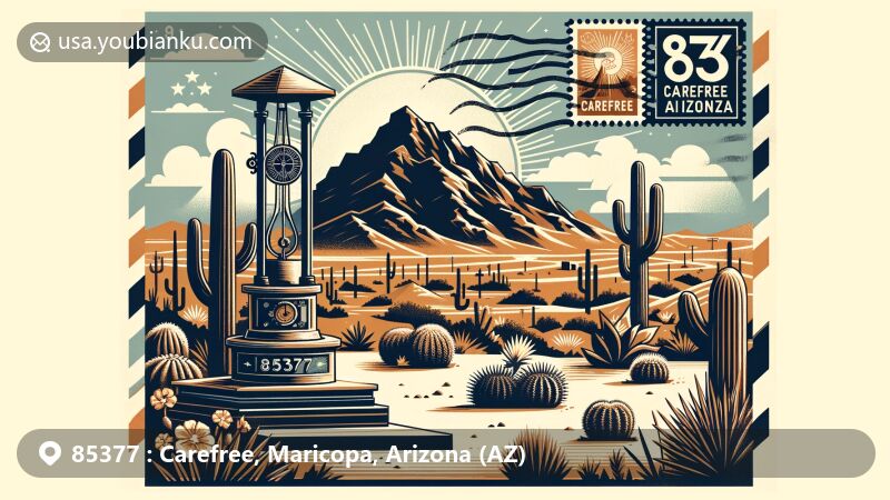 Modern illustration of Carefree, Arizona, showcasing the Carefree sundial in Maricopa County, United States ZIP Code 85377, with a backdrop of Black Mountain and saguaro cacti in the Sonoran Desert.