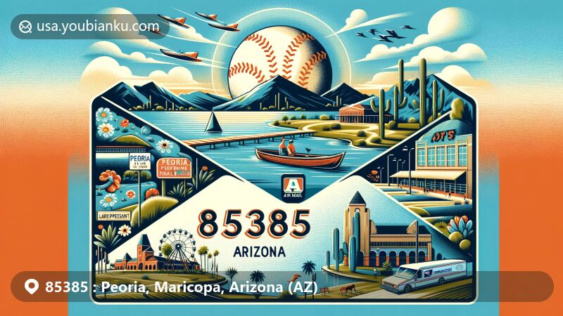 Modern illustration of Peoria, Arizona, highlighting ZIP code 85385, featuring Lake Pleasant, Peoria Sports Complex, and Old Town, with desert landscapes and mountains in the background, and an air mail envelope symbolizing postal communication.