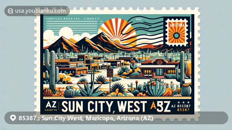 Modern illustration of Sun City West, Arizona, showcasing ZIP code 85387 in a postal-themed design, featuring vibrant senior community, desert landscape, and active adult retirement living culture.