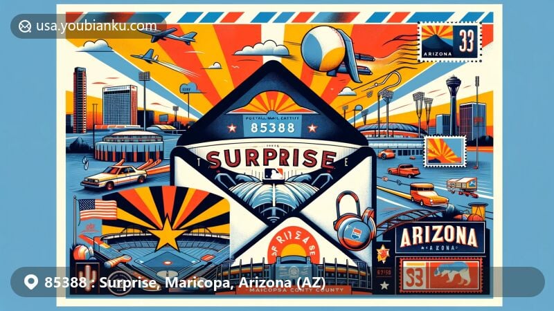 Modern illustration of Surprise, Maricopa County, Arizona, featuring ZIP code 85388 and iconic landmarks like Surprise Stadium and Surprise Tennis and Racquet Complex, with vintage-style air mail envelope showcasing Arizona state symbols.