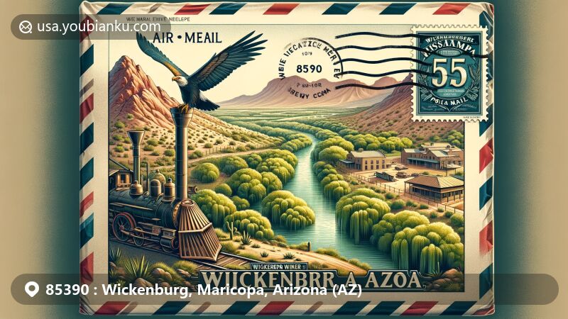 Modern illustration of Wickenburg, Maricopa County, Arizona, highlighting ZIP code 85390, featuring iconic elements like Vulture Mine, Hassayampa River, Arizona raptors, and state flag.