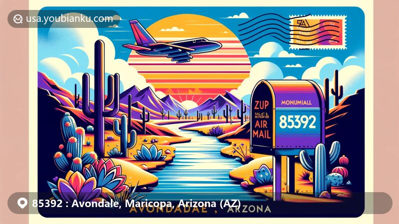 Modern illustration of Avondale, Arizona, showcasing postal theme with ZIP code 85392, featuring Gila River, saguaro cacti, sun, and Monument Hill in a colorful, artistic postcard format.