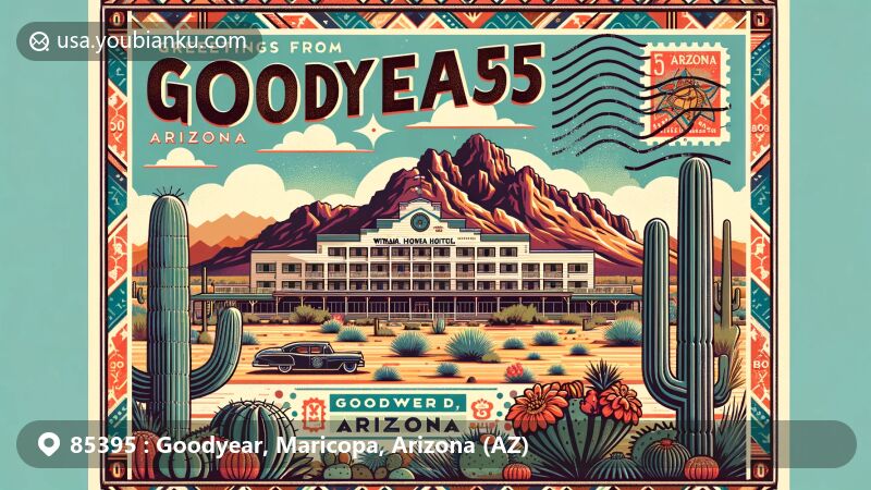 Modern illustration of Goodyear, Maricopa County, Arizona, highlighting ZIP code 85395, featuring The Wigwam hotel and Estrella Mountains against a postcard-themed backdrop with motifs of Arizona state symbols.