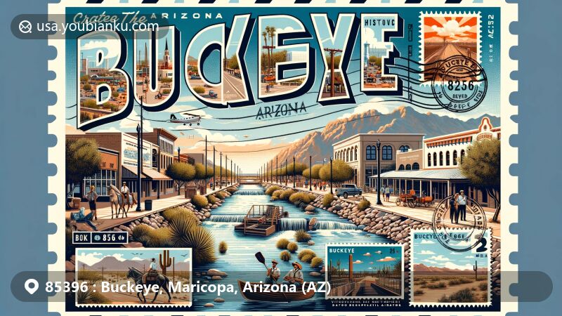 Modern illustration of Buckeye, Maricopa County, Arizona, showcasing postal theme with ZIP code 85396, featuring Buckeye Municipal Airport, Hobo Joe statue, and White Tank Mountain Regional Park.