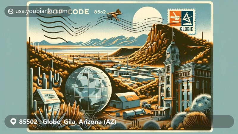 Modern illustration of Globe, Gila County, Arizona, capturing the charm of ZIP code 85502 with Salt River Canyon's scenic backdrop, Besh Ba Gowah ruins, Old Dominion Historic Mine Park, and Globe's Historic District. Postcard theme features ZIP code stamp and postal elements.