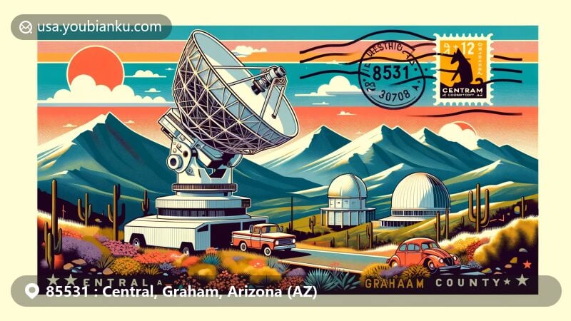 Modern illustration of Central, Graham County, Arizona, highlighting ZIP code 85531, featuring the Large Binocular Telescope, Eastern Arizona Museum, and the majestic Pinaleno Mountains.