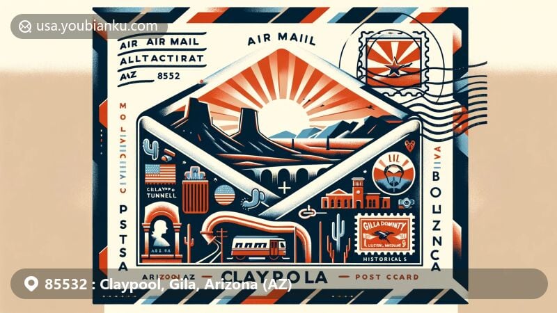 Modern illustration of Claypool, Arizona (AZ), featuring postal theme with state flag, Claypool Tunnel silhouette, and icons of Bullion Plaza Cultural Center & Museum, Gila County Historical Museum, and Old Dominion Historic Mine Park, incorporating elements like stamps, postmarks, and ZIP code 85532.