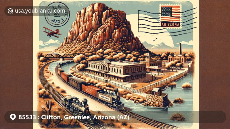 Modern illustration of Clifton, Greenlee County, Arizona, with a vintage postcard layout showcasing the town's mining heritage, San Francisco River, Clifton Train Depot, Cliff Jail, local wildlife, and diverse architectural styles, including ZIP code 85533.