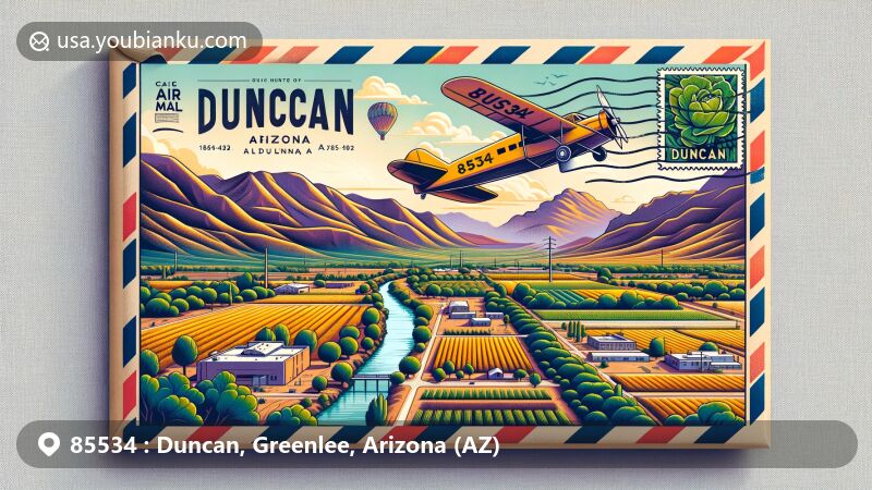 Modern illustration of Duncan, Arizona, showcasing postal theme with ZIP code 85534, featuring agricultural landscapes, mountains, and Hal Empie's 'Greenlee' mural, representing cultural heritage of the town.