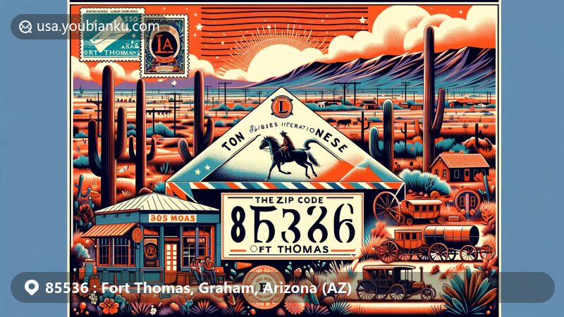 Modern illustration of Fort Thomas, Arizona, showcasing ZIP code 85536 area in Graham County, capturing historical and geographical essence with Apache resistance, Geronimo, and Melvin Jones International Memorial.