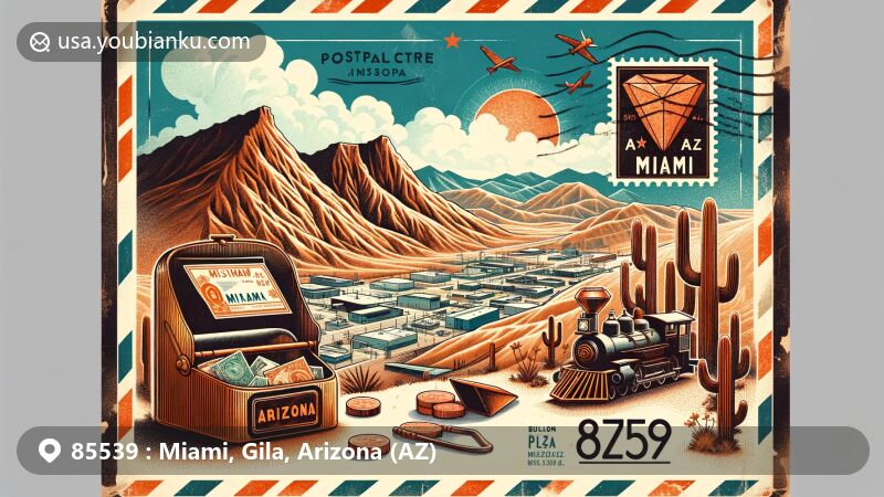 Modern illustration of Miami, Arizona, in Gila County, featuring vintage postal theme with ZIP code 85539, showcasing mining history and Bullion Plaza Museum silhouette.