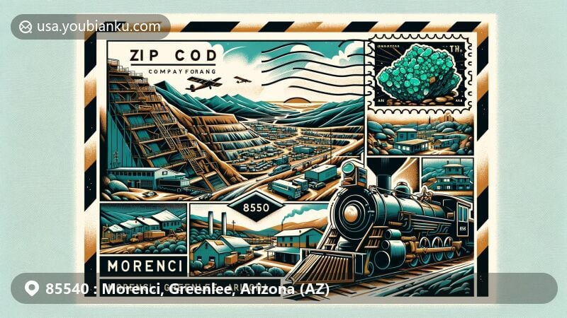 Modern illustration of Morenci, Greenlee, Arizona (AZ), showcasing copper mining heritage with Morenci Mine, terraced mining benches, and Arizona's rugged terrain, featuring copper ore specimens, mining locomotive, and terraced housing.