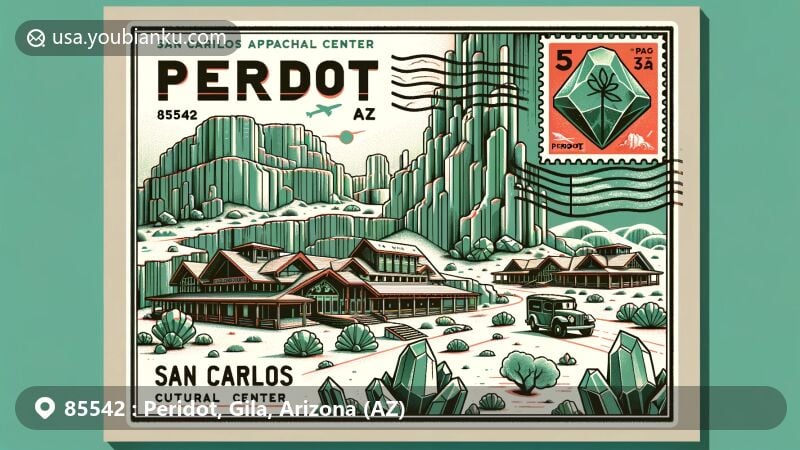 Modern illustration of Peridot, Arizona, showcasing San Carlos Apache Cultural Center and natural elements, inspired by peridot minerals and basalt rock formations, with a postcard theme and postal elements for ZIP code 85542.
