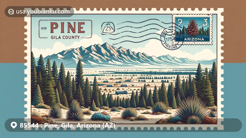 Modern illustration of Pine, Gila County, Arizona, showcasing postal theme with ZIP code 85544, featuring dense pine forests, rugged mountains, and the Arizona state flag.