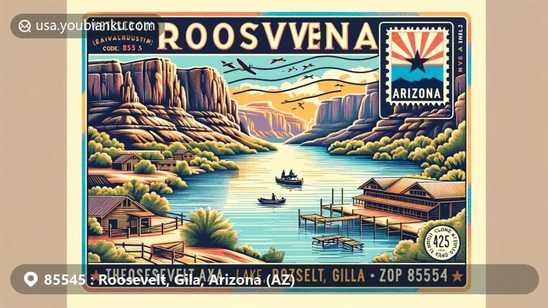Creative illustration of Roosevelt, Gila County, Arizona, featuring Roosevelt Lake known for bass fishing and boating, Tonto National Monument displaying Salado-style cliff dwellings, and Arizona state flag.