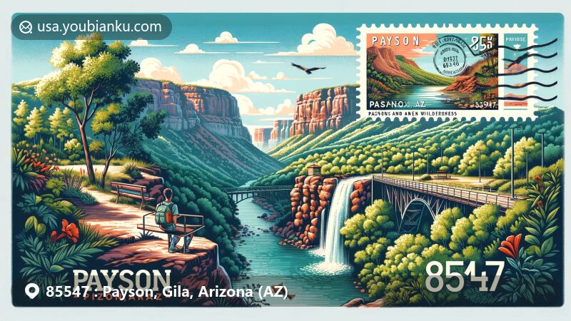 Modern illustration of Payson, Arizona, showcasing natural beauty and postal theme with zip code 85547, featuring Mogollon Rim, Tonto Natural Bridge, Mazatzal Wilderness, and Green Valley Park.