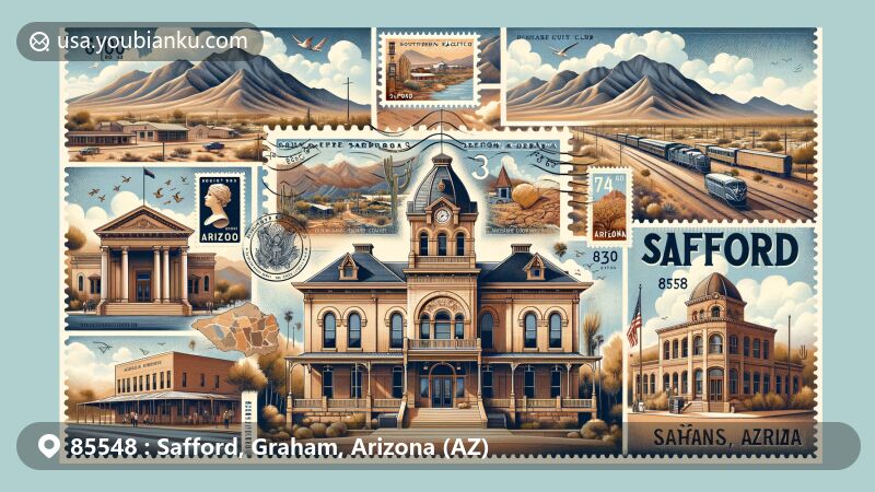 Illustration of Safford, Graham County, Arizona, showcasing historical and natural landmarks with a backdrop of the Pinaleño Mountains and Arizona's landscapes.