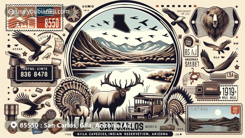 Modern illustration of San Carlos, Gila County, Arizona, featuring postal theme with ZIP code 85550, showcasing San Carlos Lake and diverse wildlife like elk and bighorn sheep.