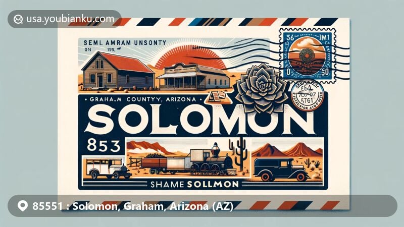 Modern illustration of Solomon, Graham County, Arizona, harmonizing regional charm with postal themes for ZIP code 85551, featuring founder Isadore Solomon, agricultural and charcoal history, and vibrant community life.
