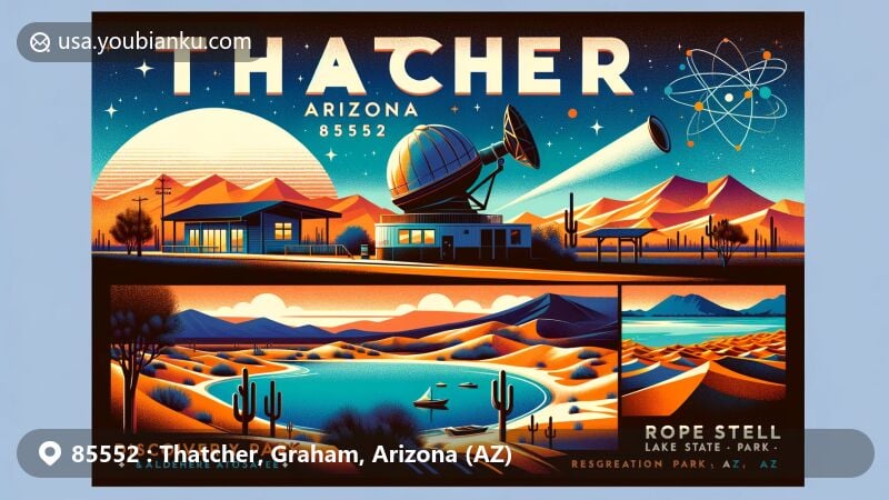 Modern illustration of Thatcher, Graham County, Arizona, showcasing Discovery Park observatory, Hot Well Dunes Recreation Area with hot springs and sand dunes, Roper Lake State Park with tranquil lake, and Mount Graham silhouette.
