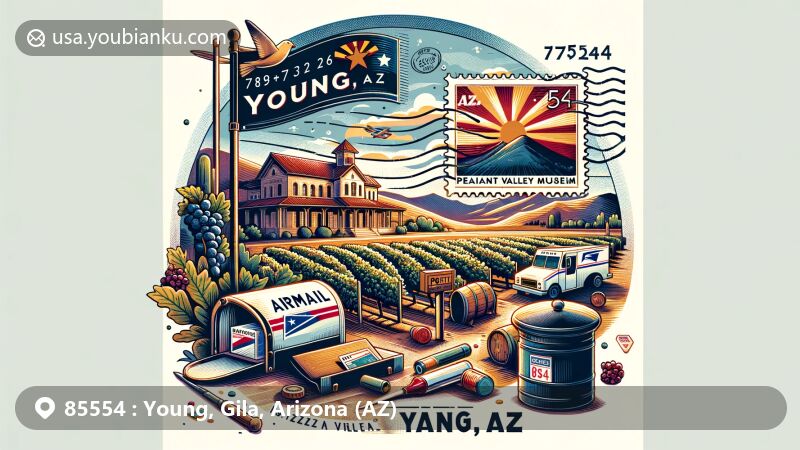 Modern illustration of Young, Arizona, featuring airmail envelope with Bruzzi Vineyard stamp and Pleasant Valley Museum, incorporating Arizona state flag and postal code 85554, showcasing mailbox and mail truck elements.