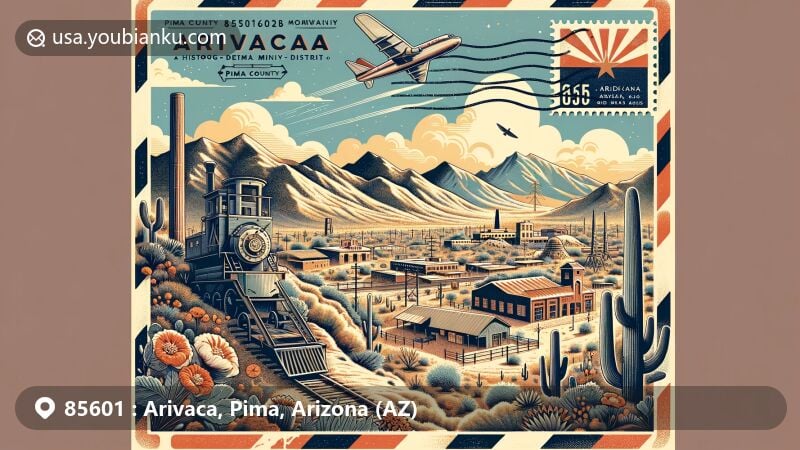 Modern illustration of Arivaca, Arizona, showcasing postcard design with ZIP code 85601, historic mining district, desert landscapes, vintage postcard elements, Arizona state flag, Pima County outline, Las Guijas Mountains, San Luis Mountains, Buenos Aires National Wildlife Refuge, local flora and fauna, eco-tourism, education, arts, wellness, hospitality, sustainability.
