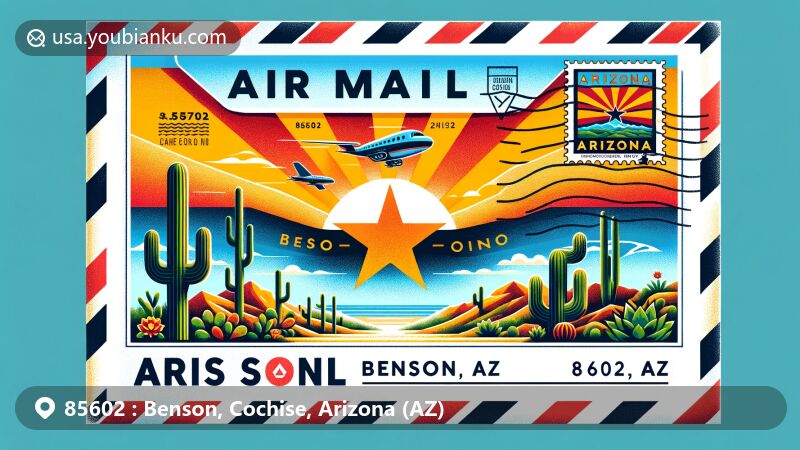 Modern illustration of Benson, Arizona, featuring state symbols like flag and saguaro cactus, along with Cochise County outline, set against typical desert landscape under sunny skies, capturing the natural beauty of the region. Envelope depicts iconic landmark or natural scenery on stamp above '85602 Benson, AZ' faux postmark, showcasing postal theme. Artwork in vibrant colors and contemporary illustration style, suitable for web use, blending regional charm with postal elements.