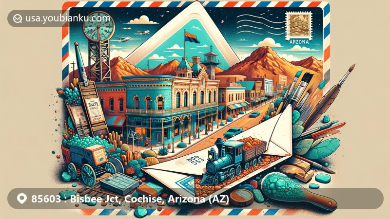 Modern illustration of Bisbee, Cochise County, Arizona, showcasing postal theme with ZIP code 85603, featuring historic downtown, Copper Queen Mine entrance, artistic elements, and Arizona state flag.