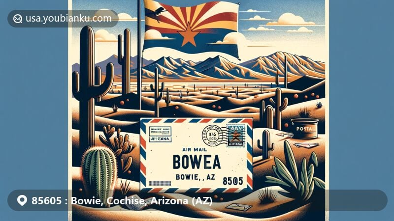 Creative illustration of Bowie, Arizona, blending desert landscape with vintage postal theme and showcasing state flag, Saguaro cacti, and postal code 85605.