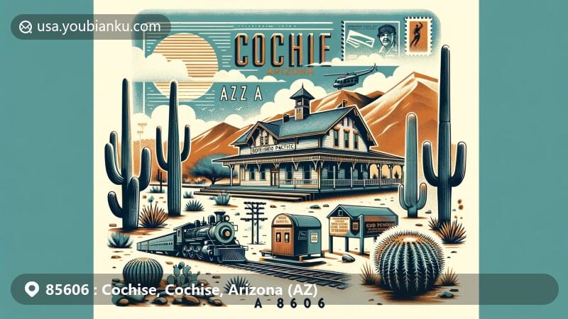 Modern illustration of Cochise, Arizona, celebrating ZIP code 85606, showcasing desert landscapes, saguaro cacti, and postal elements like vintage train and old train depot.