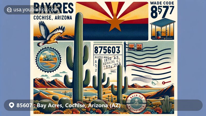 Modern illustration of Bay Acres, Cochise area in Arizona, integrating desert landscape, saguaro cacti, and the Arizona state flag with postal elements like a postcard shape, stamp, postmark, and air mail envelope, prominently featuring ZIP code 85607.