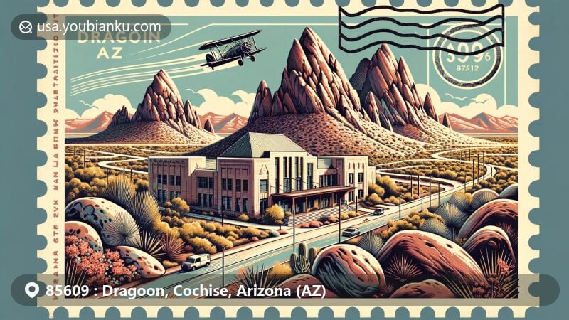 Modern illustration of Dragoon, Cochise, Arizona, showcasing Amerind Museum and Dragoon Mountains, with vintage postal elements for ZIP code 85609.