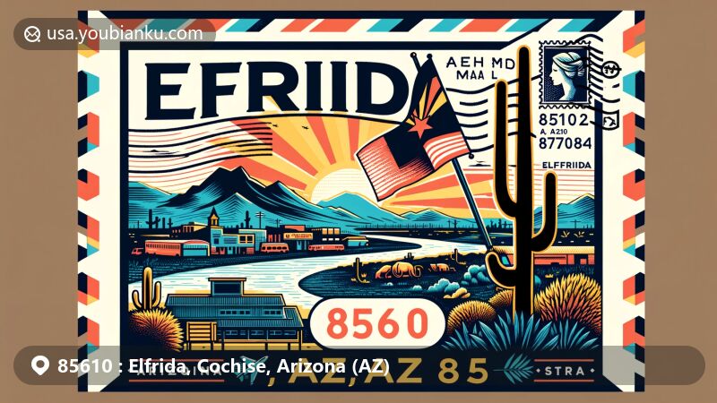 Modern illustration of Elfrida, Arizona, showcasing postal theme with ZIP code 85610, featuring Arizona state flag, Cochise County silhouette, and rural natural beauty.