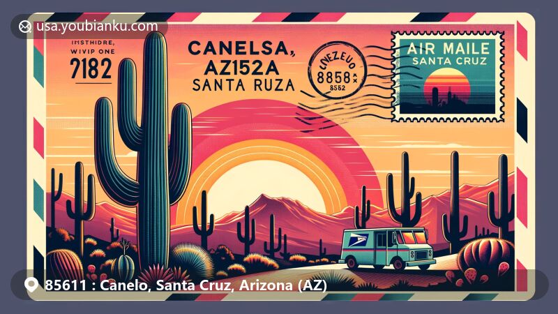 Modern illustration of Canelo, Santa Cruz, Arizona, with desert landscape, saguaro cacti, and sunset sky, combined with vintage air mail elements like postage stamp, postmark 'Canelo, AZ 85611,' and mail truck symbol.