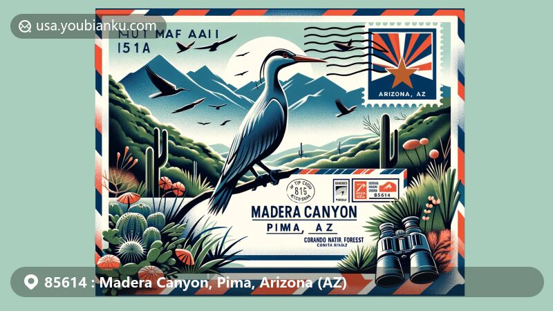 Modern illustration of Madera Canyon, Pima, Arizona, showcasing postal theme with ZIP code 85614, featuring Santa Rita Mountains, lush greenery, birdwatching icons, and Arizona state flag.