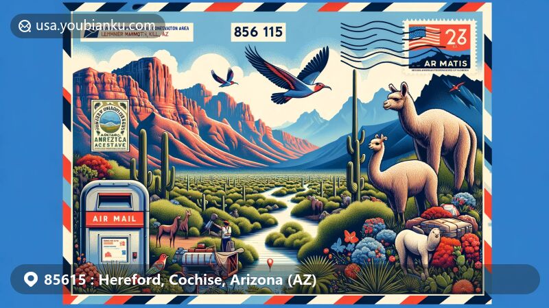 Modern illustration of Hereford, Cochise County, Arizona, highlighting natural beauty with San Pedro Riparian NCA, Lehner Mammoth-Kill Site, and Ramsey Canyon Preserve.