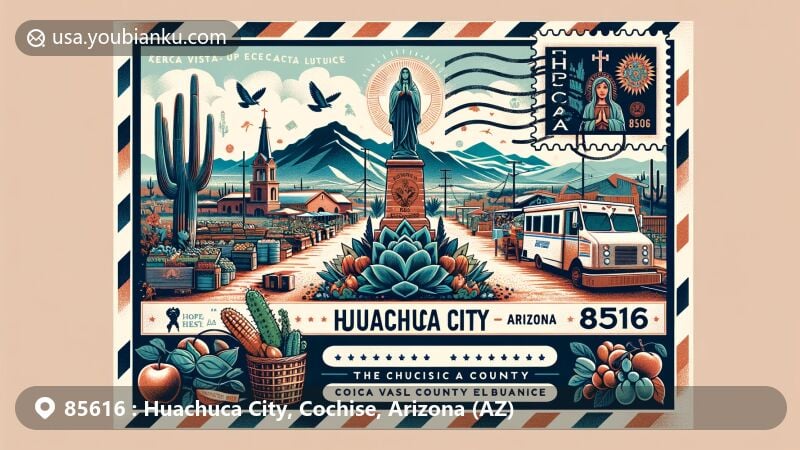 Modern illustration of Huachuca City, Cochise County, Arizona, featuring postcard design with Huachuca Mountains, Fort Huachuca, Sierra Vista Farmer's Market, and Our Lady of the Sierras Shrine, integrating postal elements like stamp, postmark, and air mail envelope with ZIP code 85616.