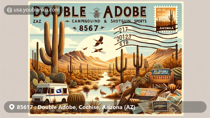 Modern illustration of Double Adobe, Cochise County, Arizona, featuring desert landscape with saguaro cacti and Double Adobe Campground & Shotgun Sports, showcasing local fauna like a roadrunner, and incorporating postal elements with ZIP code 85617, stamps, postal truck, and mailbox.
