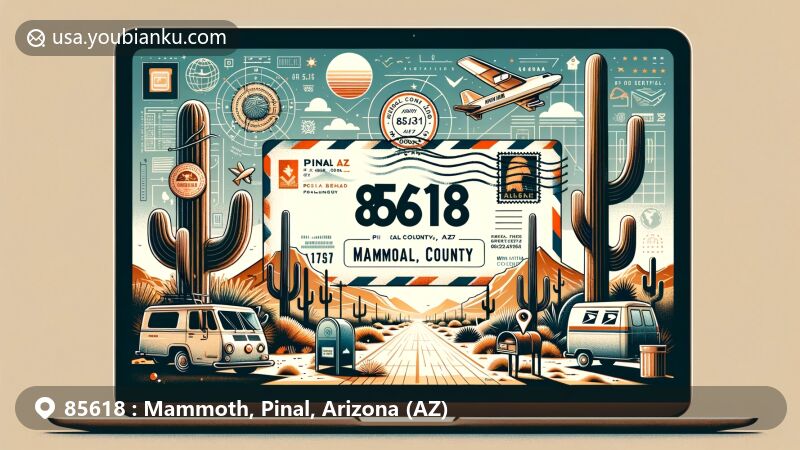 Modern illustration of Mammoth area, Pinal County, Arizona, showcasing desert landscape with saguaro cacti, vintage-style postcard displaying '85618 Mammoth, AZ,' stamp, and postmark, featuring classic American mailboxes and mail delivery van.