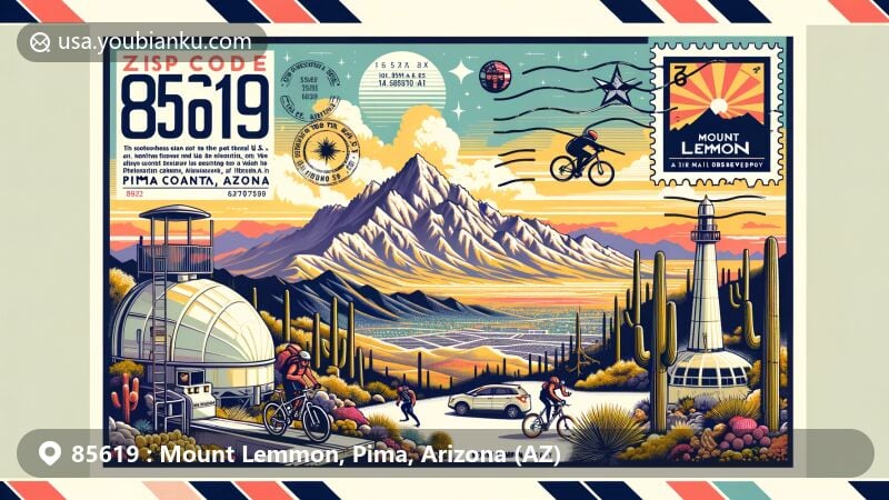 Modern illustration of Mount Lemmon area, Pima County, Arizona, showcasing diverse landscape from desert to pine forests, featuring Mount Lemmon Ski Valley, rock climbing, cycling, and Mount Lemmon Observatory, with Catalina Mountains backdrop and postal elements like '85619' postal code stamp and airmail envelope design.