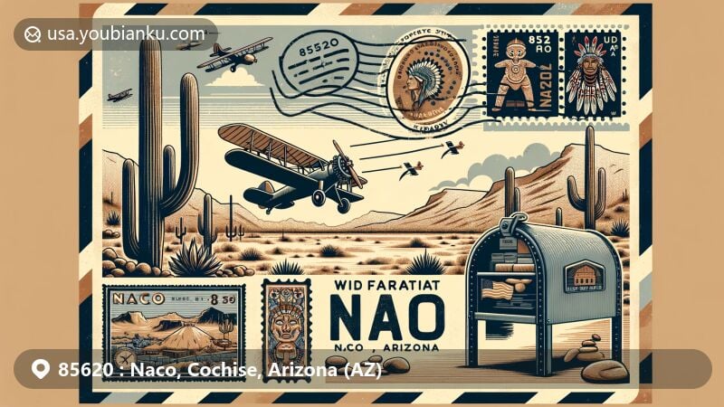 Modern illustration of Naco, Arizona, highlighting history, culture, and postal elements, featuring desert landscape, airmail envelope with map of Naco and Fort Naco, fictional postage stamp with biplane and totems, ZIP Code 85620, old-fashioned mailbox, and letter depositing arm.