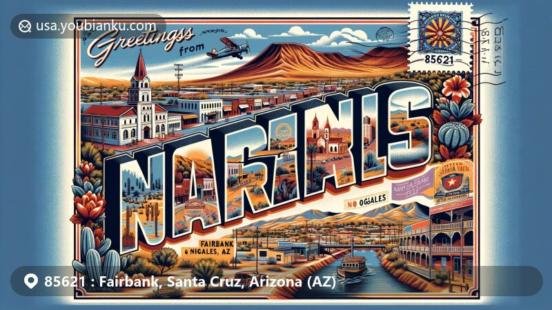 Modern illustration of the 85621 ZIP code area in Arizona, featuring Fairbank ghost town, San Pedro River, Nogales street life, Pimeria Alta Museum, Sacred Heart Parish church, and Monte Carlo Trails with postcard design 'Greetings from 85621, Fairbank & Nogales, Arizona!' and Arizona state flag in the background.
