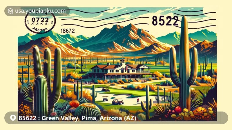 Modern illustration of Green Valley, Pima County, Arizona, showcasing desert landscape with Santa Rita Mountains, Historic Hacienda De La Canoa, and golfing elements, featuring ZIP code 85622 in a postcard format with subtle postal themes.